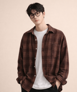 Áo nam kaki sơ mi dài tay sọc đỏ đen